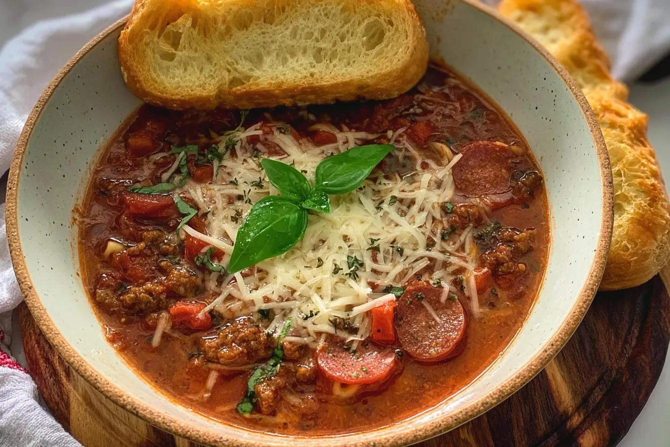 Easy Pizza Soup: A Delicious Comfort Food Delight 3 Easy Pizza Soup Deliciously Served in a Bowl