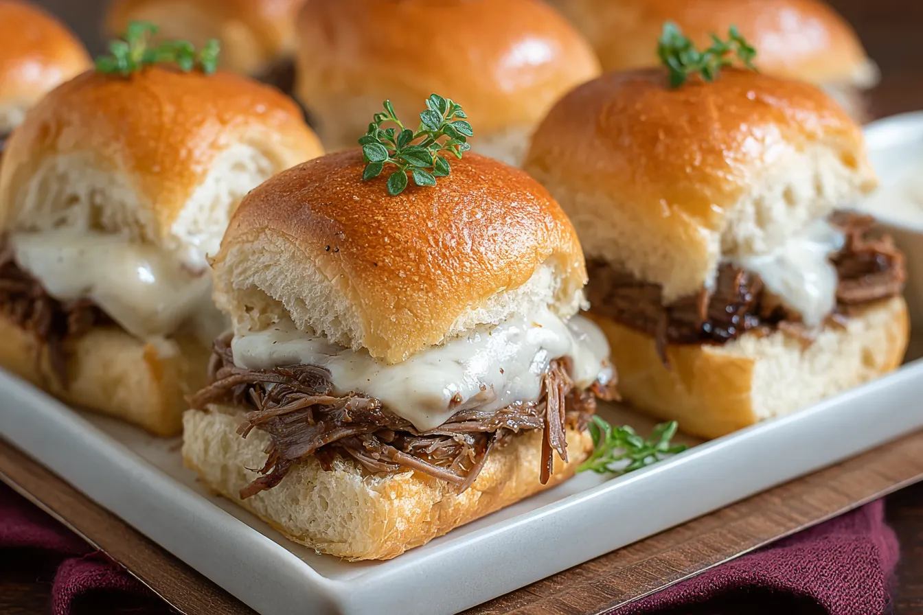 French Dip Sliders Recipe: A Deliciously Simple Treat 3 French Dip Sliders on a Plate Ready to Serve
