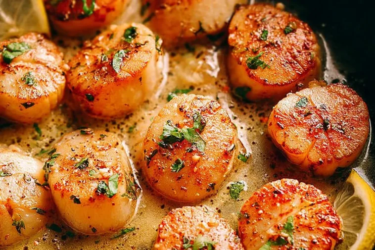 Garlic Butter Seared Scallops on a Plate