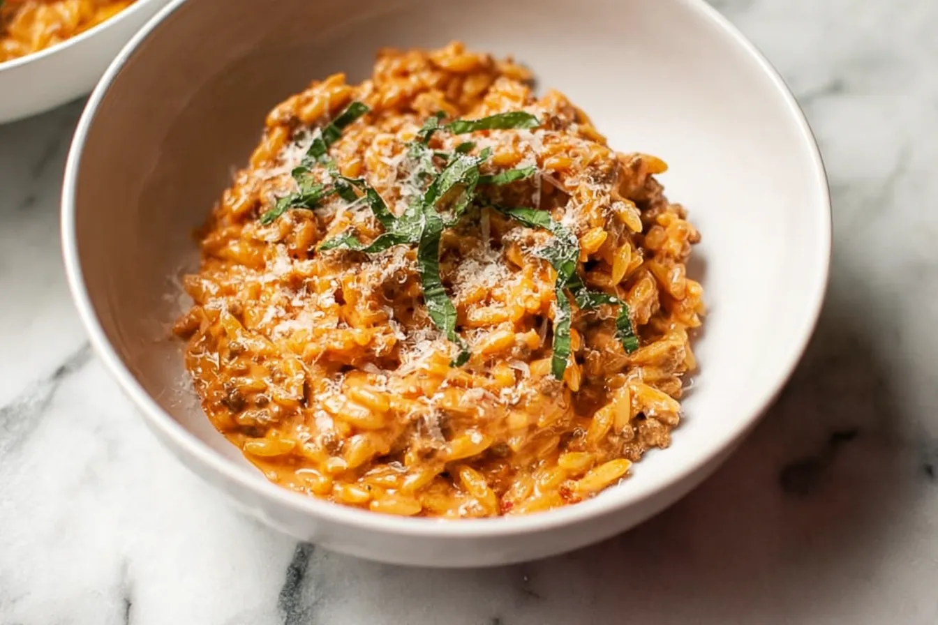 Ground Beef Orzo with Tomato Cream Sauce Bowl