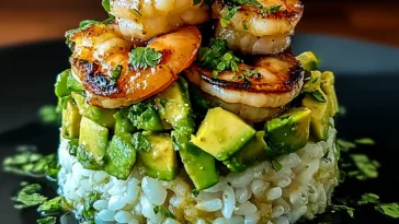 Honey Lime Shrimp & Avocado Rice Stack Close-Up