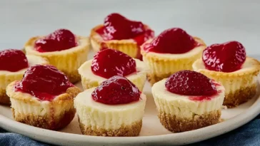 Mini Cheesecakes Plated with Fresh Berries