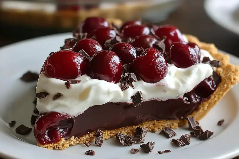 No-Bake Chocolate Cherry Pie – Easy Dessert Recipe Delight 3 No-Bake Chocolate Cherry Pie Slice
