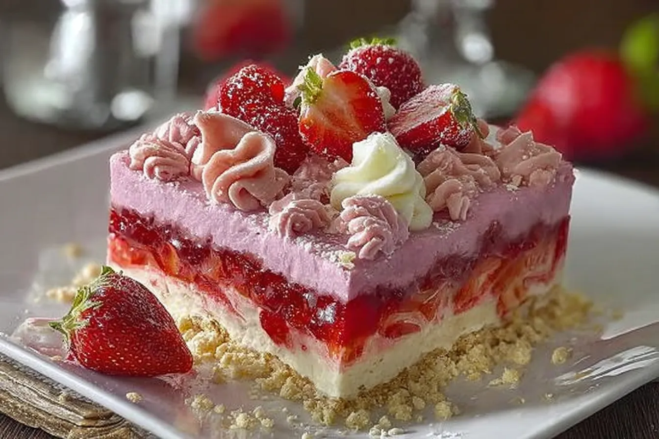 No-Bake Strawberry Crunch Cake – Refreshing Summer Dessert 3 No-Bake Strawberry Crunch Cake Close-Up