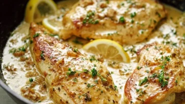 One Skillet Chicken with Lemon Garlic Cream Sauce Ready to Serve