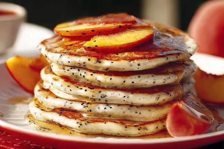 Fluffy Peach And Poppyseed Sour Cream Pancakes