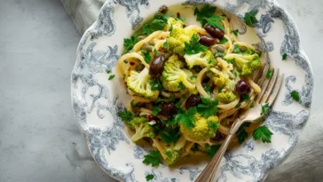 Romanesco Cauliflower Pasta with Olives, Capers, and Parsley Dish