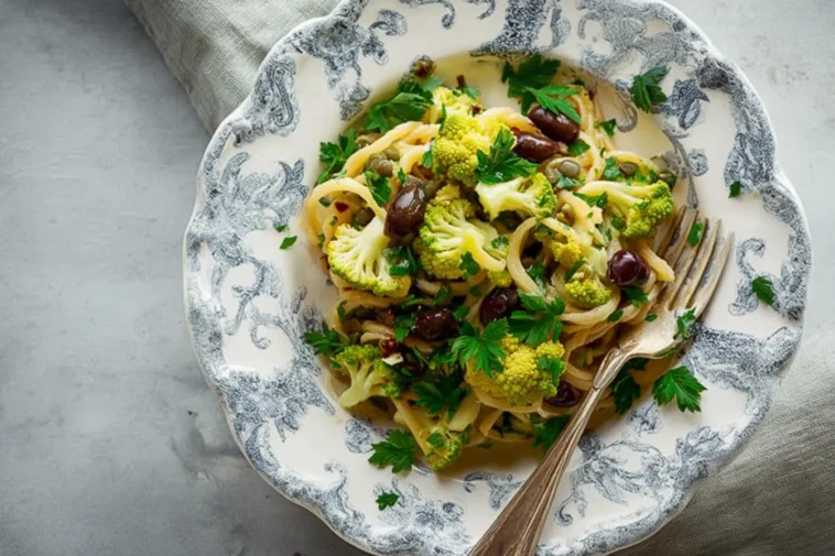 Romanesco Cauliflower Pasta with Olives, Capers, and Parsley Dish