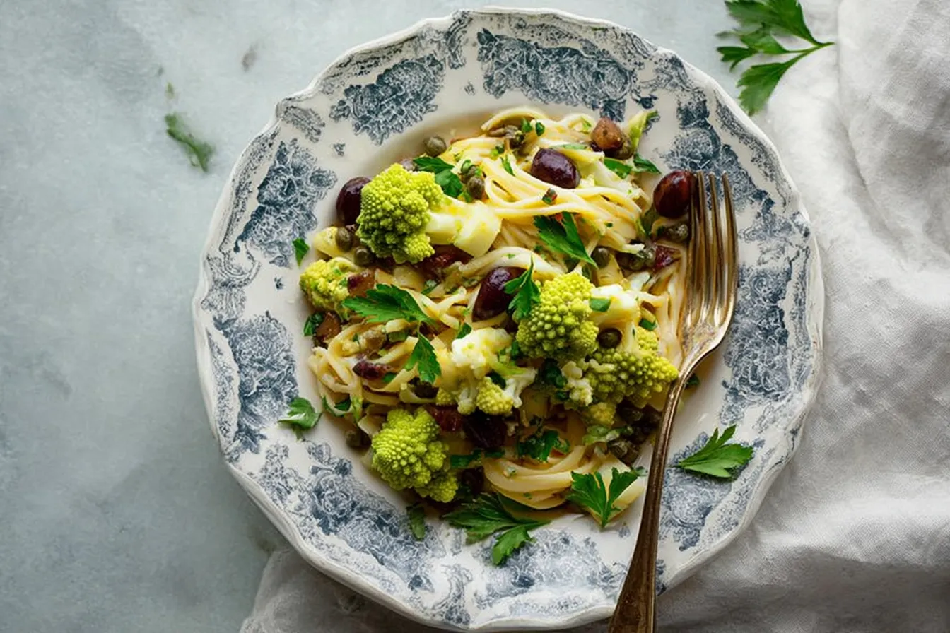 Romanesco Cauliflower Pasta with Olives, Capers, and Parsley