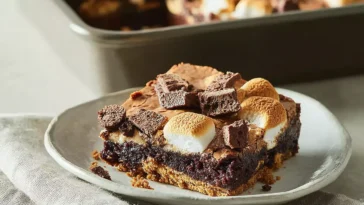 S'mores Brownies Drizzled with Chocolate Sauce