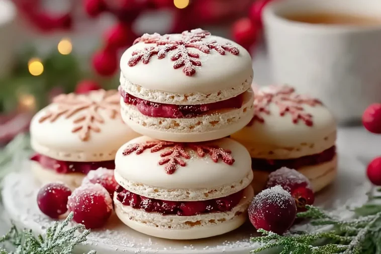 Delicious Snowflake Cranberry Christmas Macarons