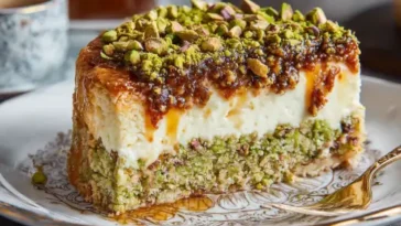 Baklava Pistachio Cheesecake Slice