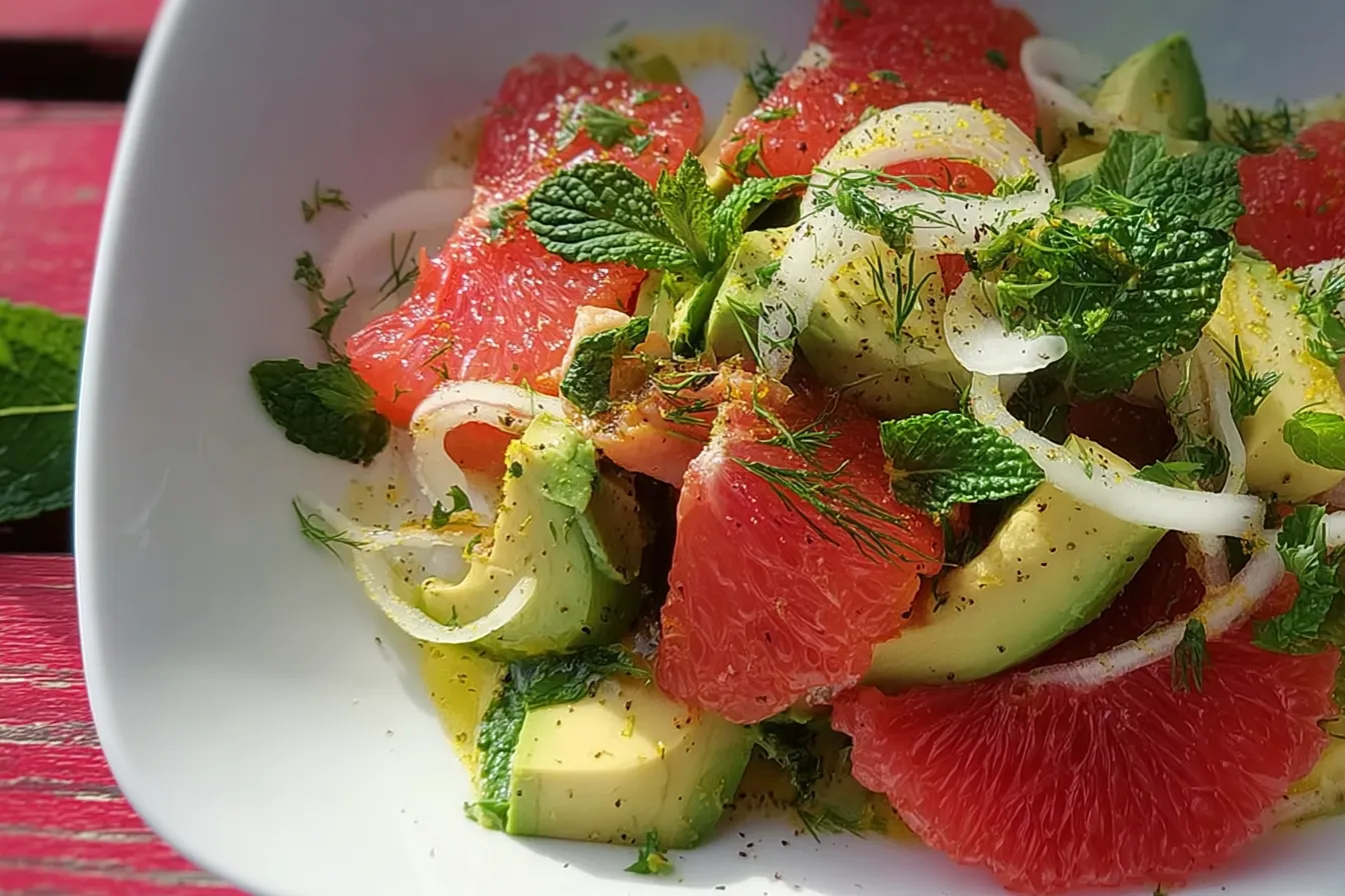 Avocado and Grapefruit Salad with Mint-Dill Vinaigrette Delight 3 Avocado and Grapefruit Salad with Mint-Dill Vinaigrette Close-Up