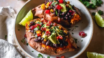 Black Bean Stuffed Sweet Potatoes (Vegan) on a Plate