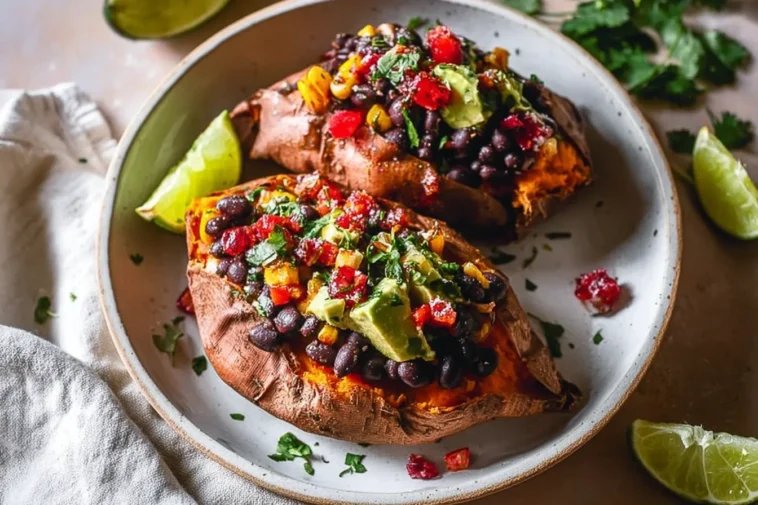 Black Bean Stuffed Sweet Potatoes (Vegan) on a Plate