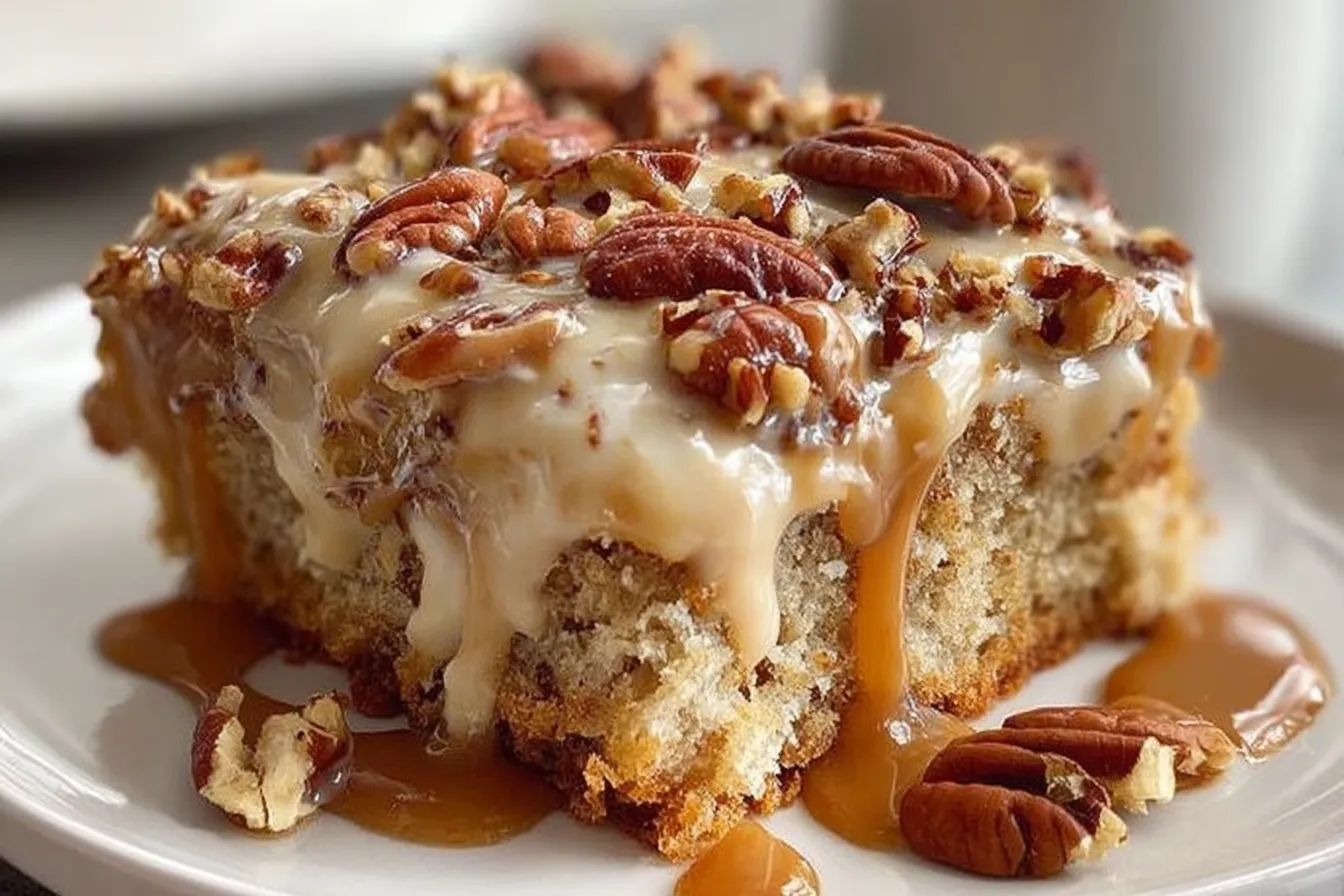 Butter Pecan Praline Poke Cake – Irresistible Southern Delight 3 Delicious Butter Pecan Praline Poke Cake Slice