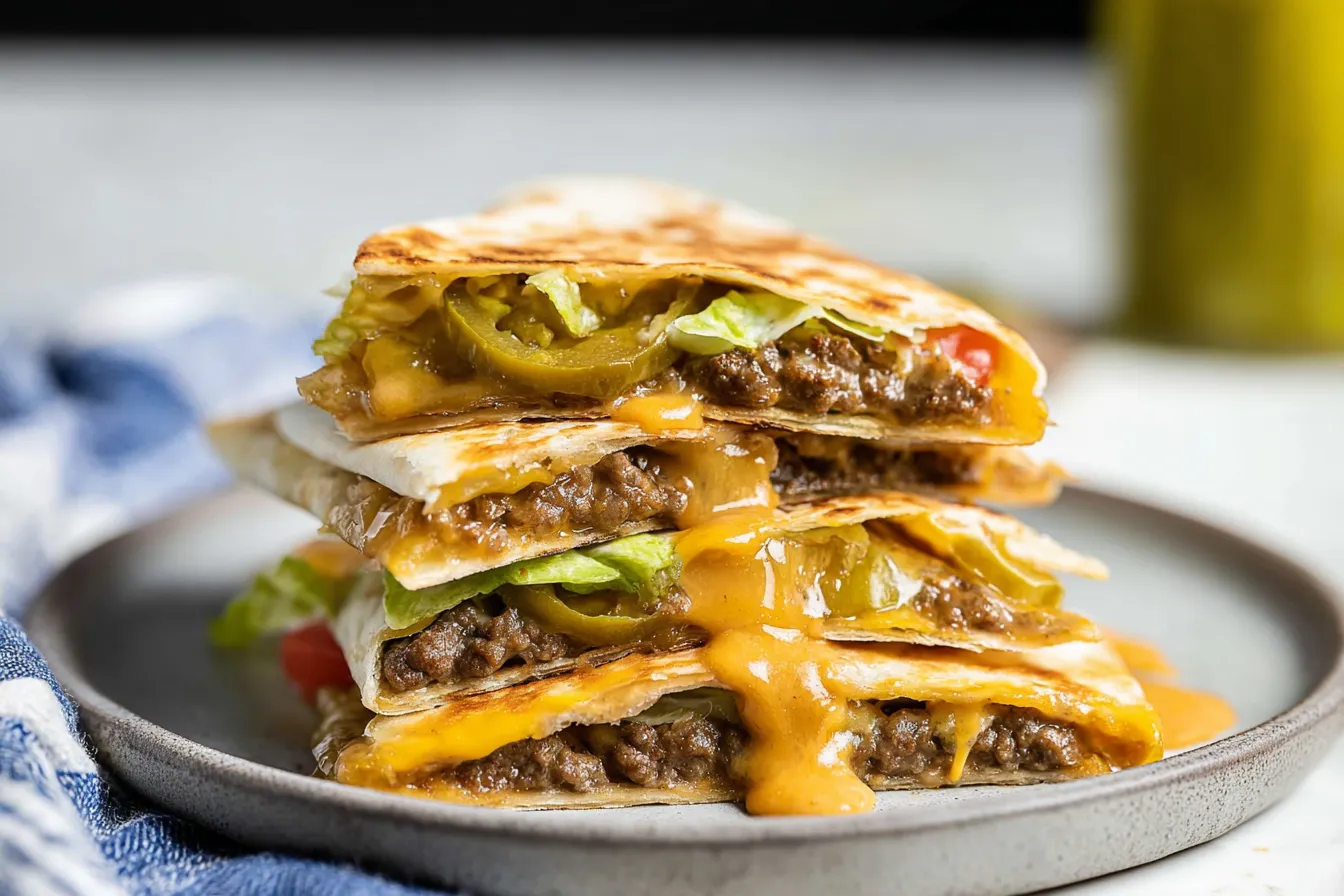 Cheeseburger Quesadillas: A Must-Try Comfort Food Delight 3 Cheeseburger Quesadillas with Gooey Cheese and Fresh Ingredients