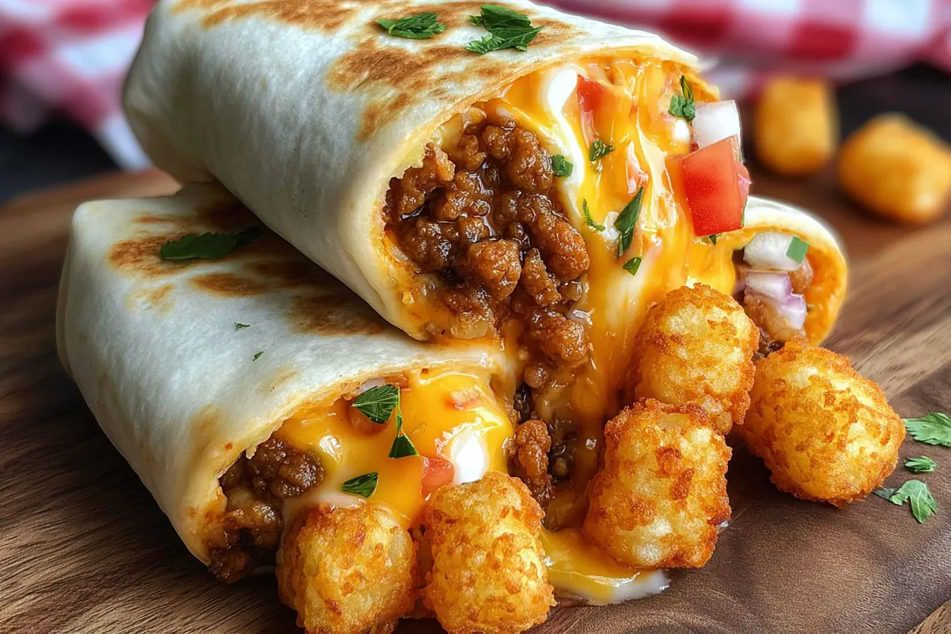 Cheesy Potato Burritos with Crispy Tater Tots: Pure Comfort! 3 Cheesy Potato Burritos with Crispy Tater Tots Plated