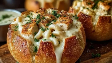 Delicious Chicken Alfredo Garlic Bread Bowls Ready to Serve