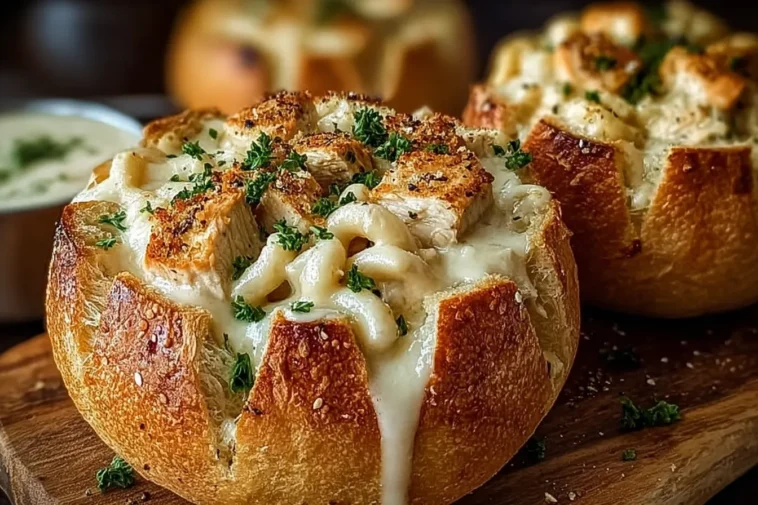Delicious Chicken Alfredo Garlic Bread Bowls Ready to Serve