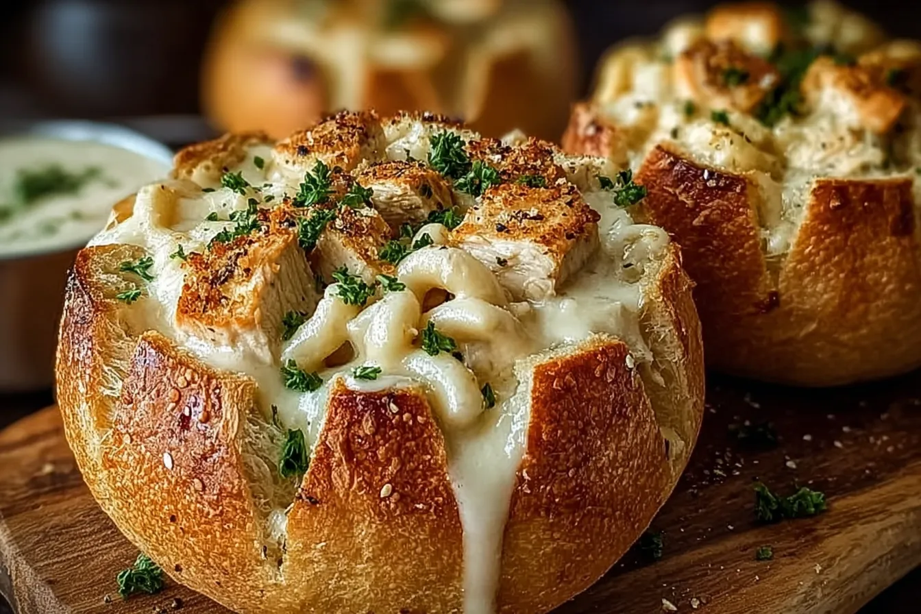 Chicken Alfredo Garlic Bread Bowls – Cheesy, Creamy Delight 3 Delicious Chicken Alfredo Garlic Bread Bowls Ready to Serve