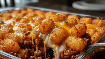 Chili Cheese Tater Tot Casserole on a Serving Platter