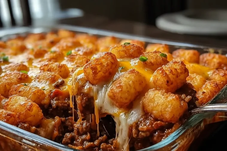 Chili Cheese Tater Tot Casserole on a Serving Platter