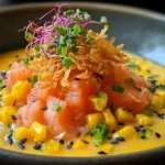 Colorful Corn Gazpacho with Salmon & Crispy Rice