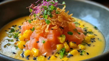 Colorful Corn Gazpacho with Salmon & Crispy Rice