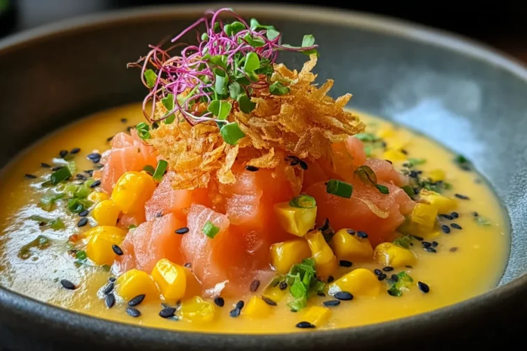 Colorful Corn Gazpacho with Salmon & Crispy Rice