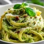 Creamy 15 Minute Avocado Pasta Garnished with Basil