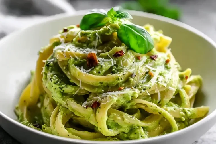 Creamy 15 Minute Avocado Pasta Garnished with Basil