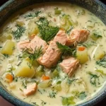 Creamy Dill Salmon Soup with Potatoes and Leeks in a Bowl