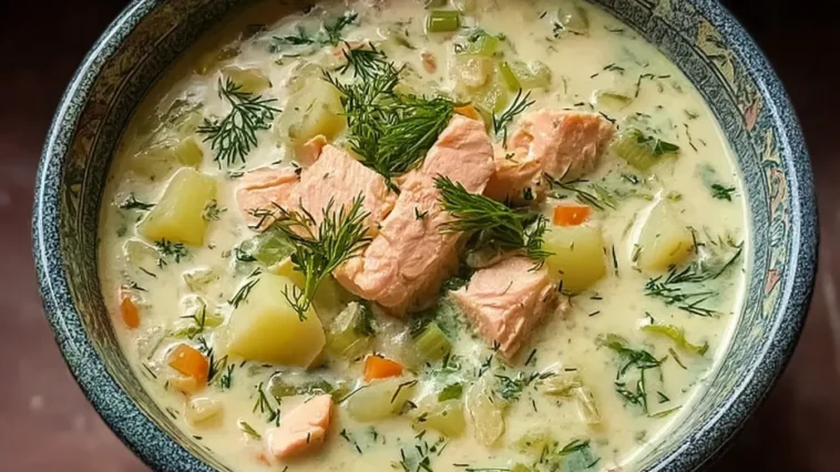 Creamy Dill Salmon Soup with Potatoes and Leeks in a Bowl