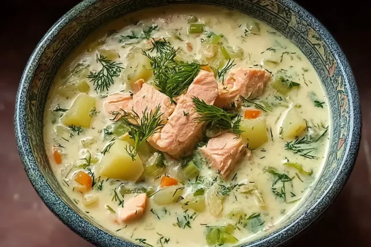 Creamy Dill Salmon Soup with Potatoes and Leeks in a Bowl