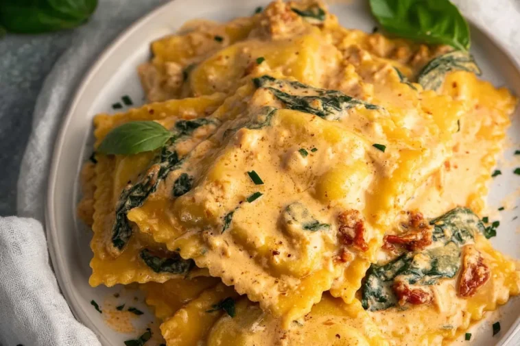 Creamy Tuscan Ravioli on a White Plate