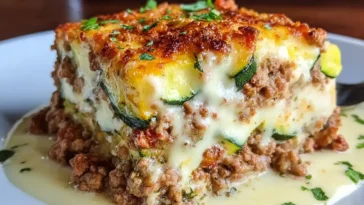 Easy Healthy Ground Turkey Zucchini Casserole in a Baking Dish