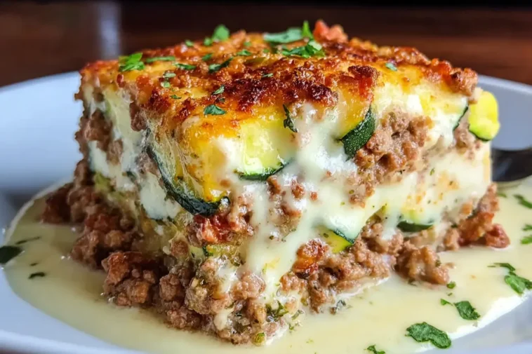 Easy Healthy Ground Turkey Zucchini Casserole in a Baking Dish