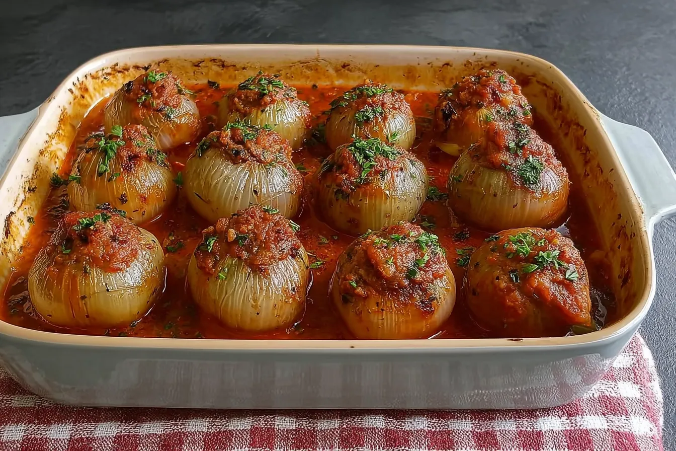 Greek Beef Stuffed Onions (Salantourmasi) - A Delicious Delight 3 Greek Beef Stuffed Onions (Salantourmasi) Ready to Serve