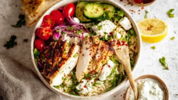 Greek Chicken Bowls Fresh Ingredients Platter