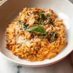 Ground Beef Orzo with Tomato Cream Sauce in a Bowl