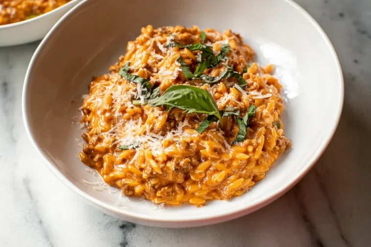 Ground Beef Orzo with Tomato Cream Sauce in a Bowl
