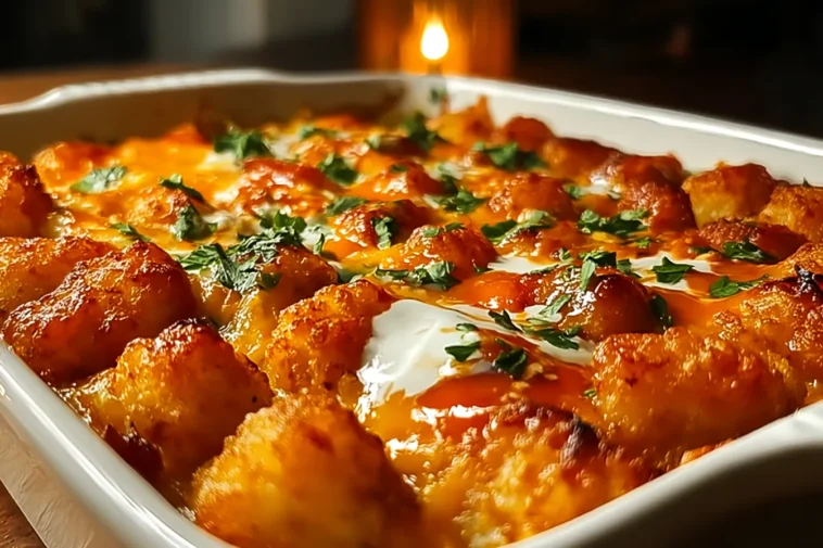Irresistible Buffalo Chicken Tater Tot Bake: Comfort in Every Bite 3 Irresistible Buffalo Chicken Tater Tot Bake Freshly Served