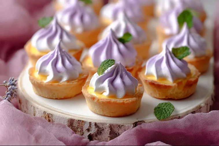 Mini Lemon Tart with Lilac Meringue on Elegant Serving Plate