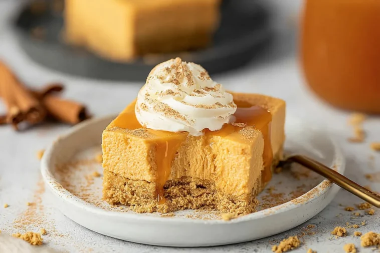 No Bake Pumpkin Cheesecake Bars on a Serving Plate