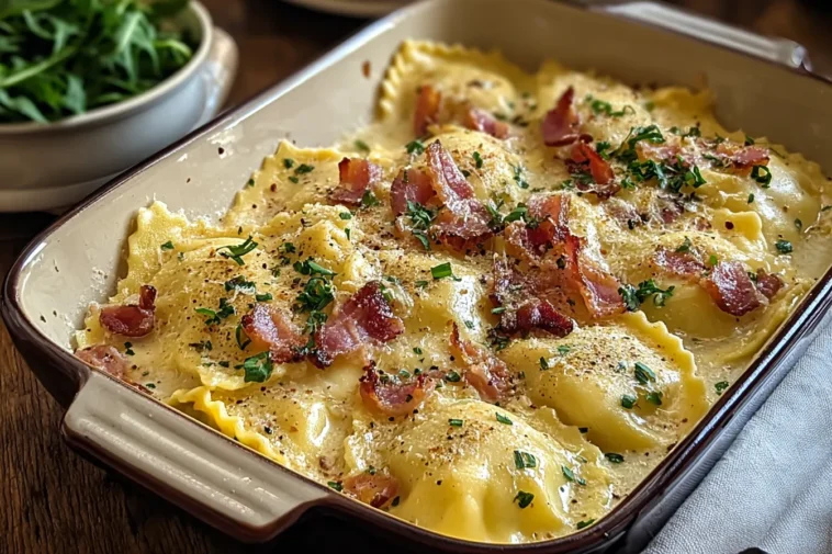 Olive Garden-Inspired Ravioli Carbonara Served in a Bowl