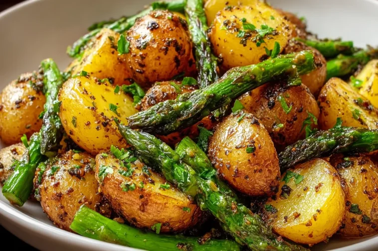One-Pan Garlic Potatoes & Asparagus - Delicious and Simple Dish