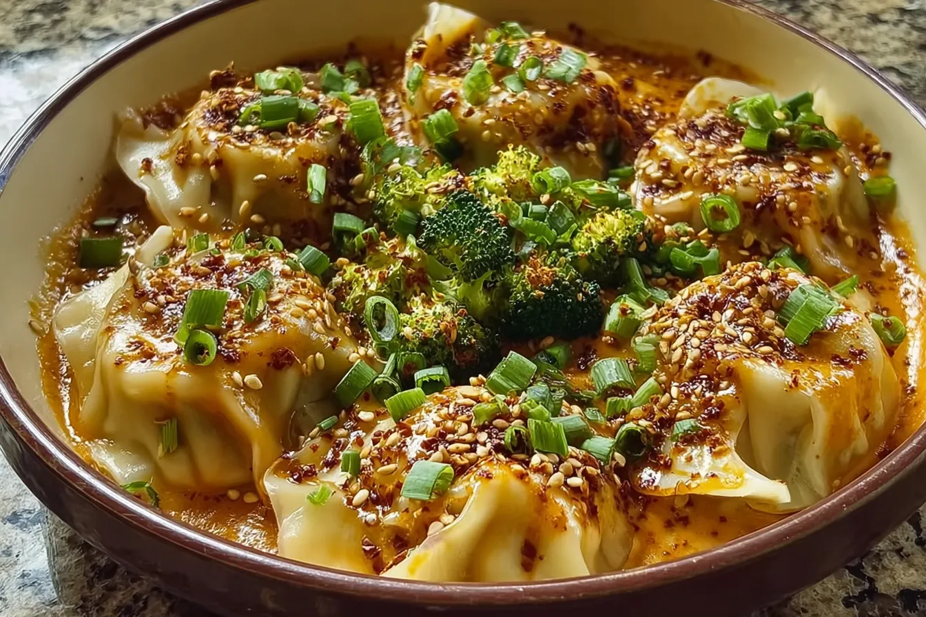 Oven-Baked Dumplings with Peanut Sauce