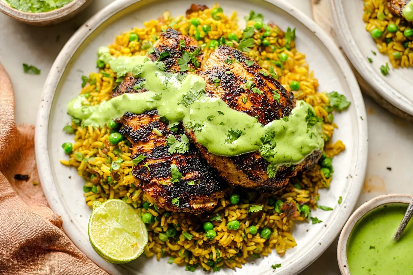 Peruvian Chicken & Rice with Green Sauce Plated