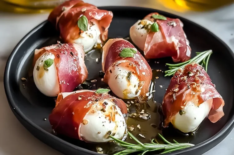 Prosciutto Wrapped Mozzarella Bites on a Platter